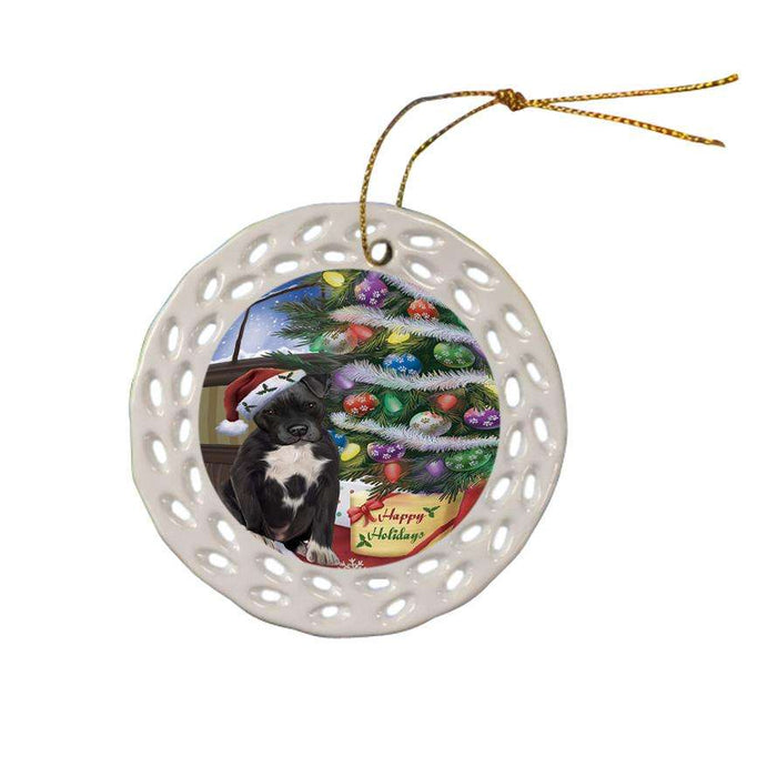 Christmas Happy Holidays Pit Bull Dog with Tree and Presents Ceramic Doily Ornament DPOR53845