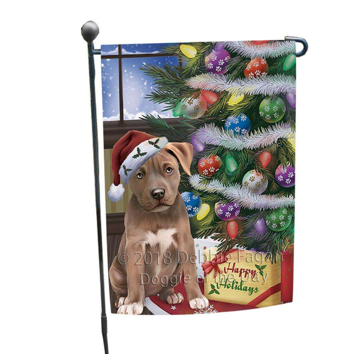 Christmas Happy Holidays Pit Bull Dog with Tree and Presents Garden Flag GFLG53905