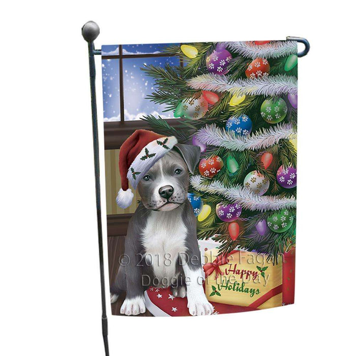 Christmas Happy Holidays Pit Bull Dog with Tree and Presents Garden Flag GFLG53906