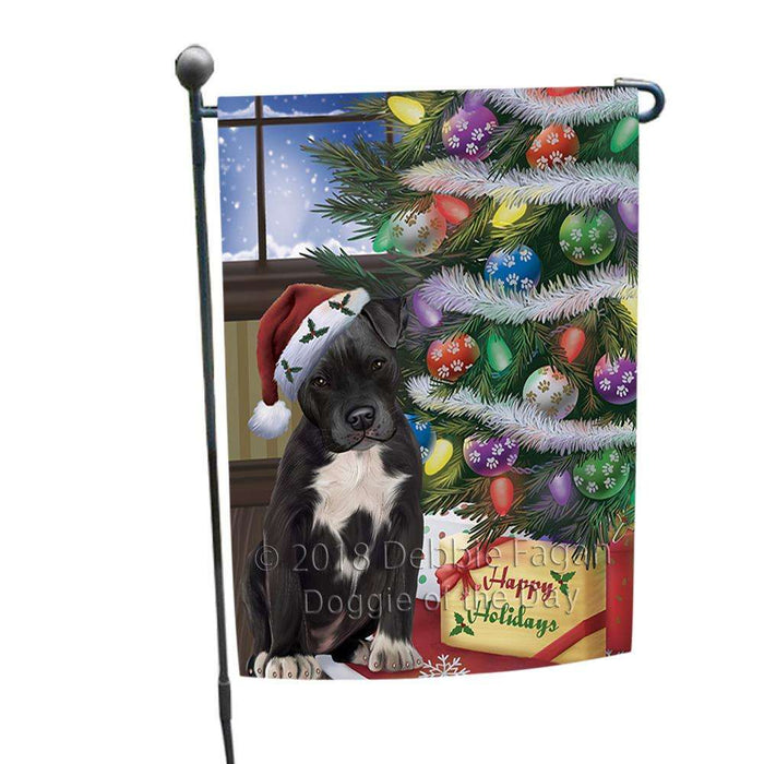 Christmas Happy Holidays Pit Bull Dog with Tree and Presents Garden Flag GFLG53907