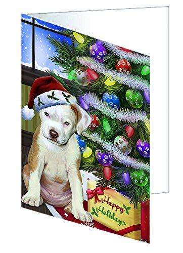 Christmas Happy Holidays Pit Bull Dog with Tree and Presents Handmade Artwork Assorted Pets Greeting Cards and Note Cards with Envelopes for All Occasions and Holiday Seasons GCD005