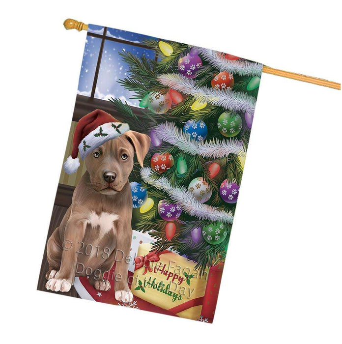Christmas Happy Holidays Pit Bull Dog with Tree and Presents House Flag FLG54041