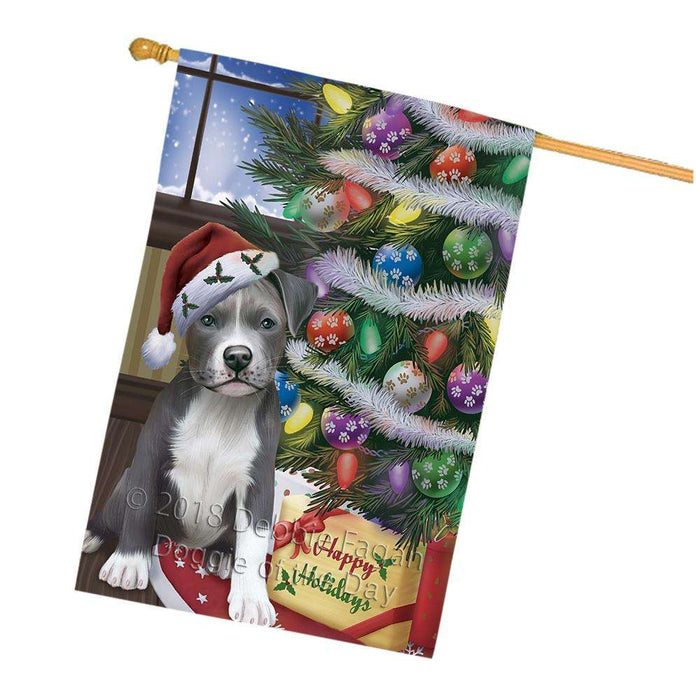 Christmas Happy Holidays Pit Bull Dog with Tree and Presents House Flag FLG54042