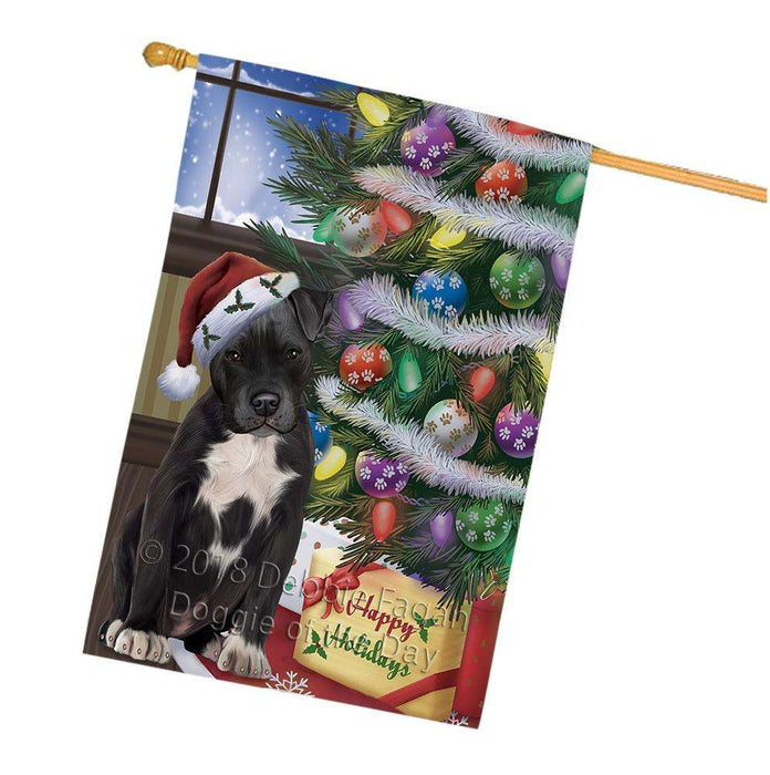 Christmas Happy Holidays Pit Bull Dog with Tree and Presents House Flag FLG54043