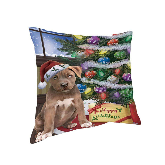 Christmas Happy Holidays Pit Bull Dog with Tree and Presents Pillow PIL71996