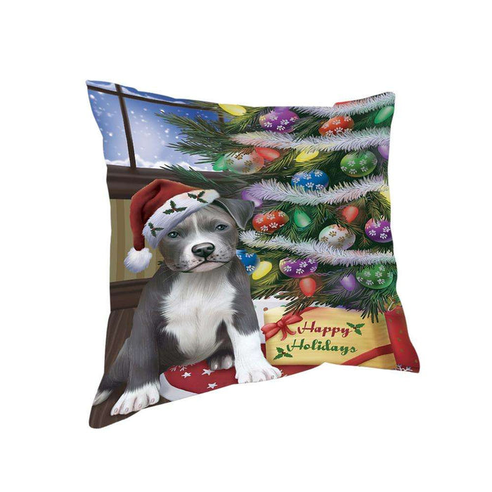 Christmas Happy Holidays Pit Bull Dog with Tree and Presents Pillow PIL72000