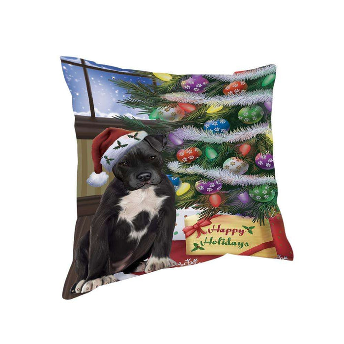Christmas Happy Holidays Pit Bull Dog with Tree and Presents Pillow PIL72004