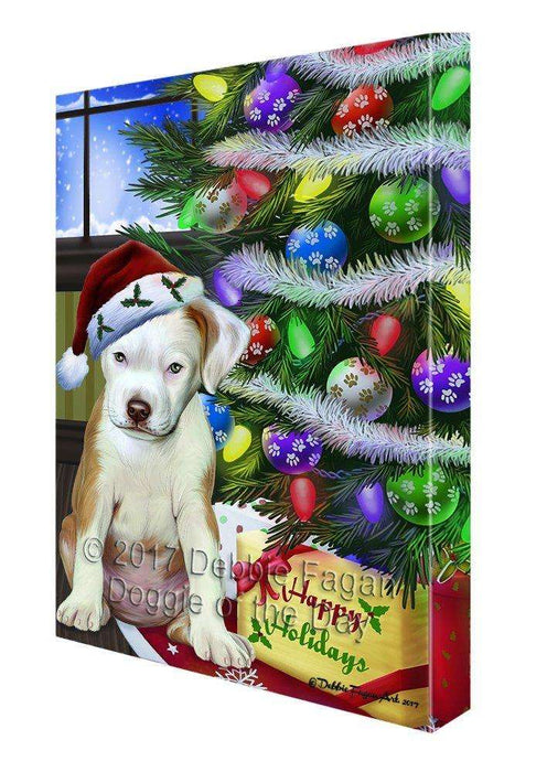 Christmas Happy Holidays Pit Bull Dog with Tree and Presents Print on Canvas Wall Art CVS009
