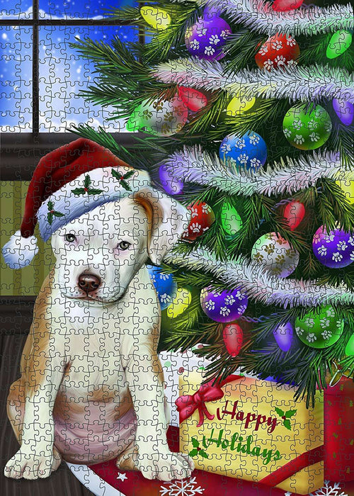 Christmas Happy Holidays Pit Bull Dog with Tree and Presents Puzzle with Photo Tin PUZL003