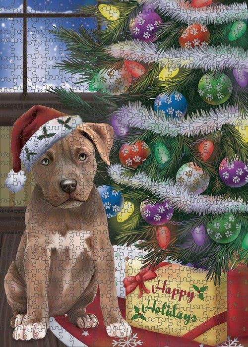 Christmas Happy Holidays Pit Bull Dog with Tree and Presents Puzzle with Photo Tin PUZL83008