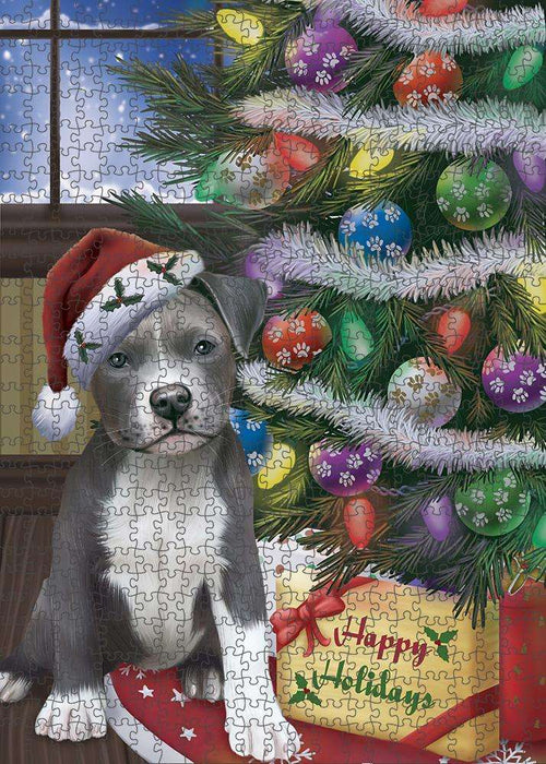 Christmas Happy Holidays Pit Bull Dog with Tree and Presents Puzzle with Photo Tin PUZL82532