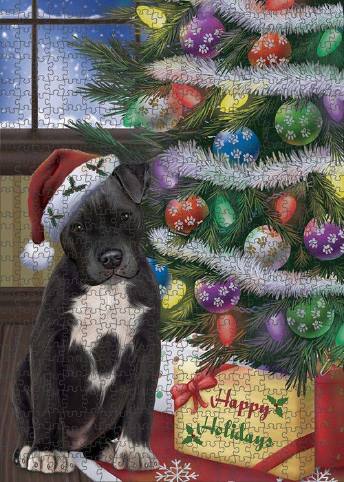Christmas Happy Holidays Pit Bull Dog with Tree and Presents Puzzle with Photo Tin PUZL82536