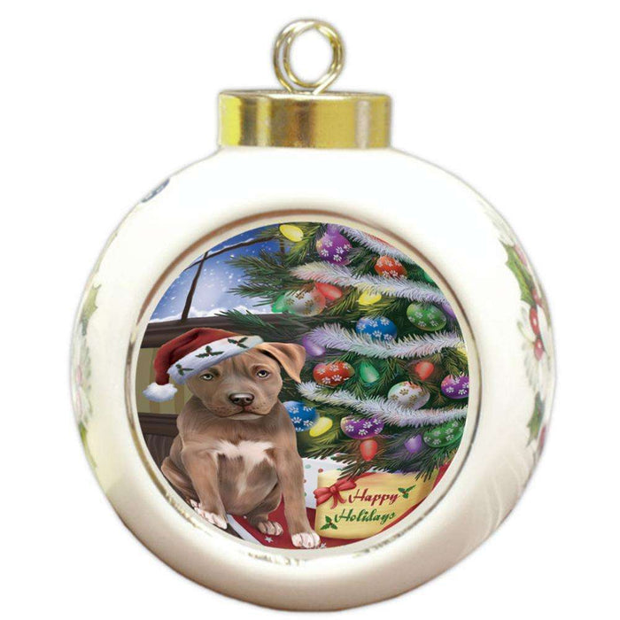 Christmas Happy Holidays Pit Bull Dog with Tree and Presents Round Ball Christmas Ornament RBPOR53843