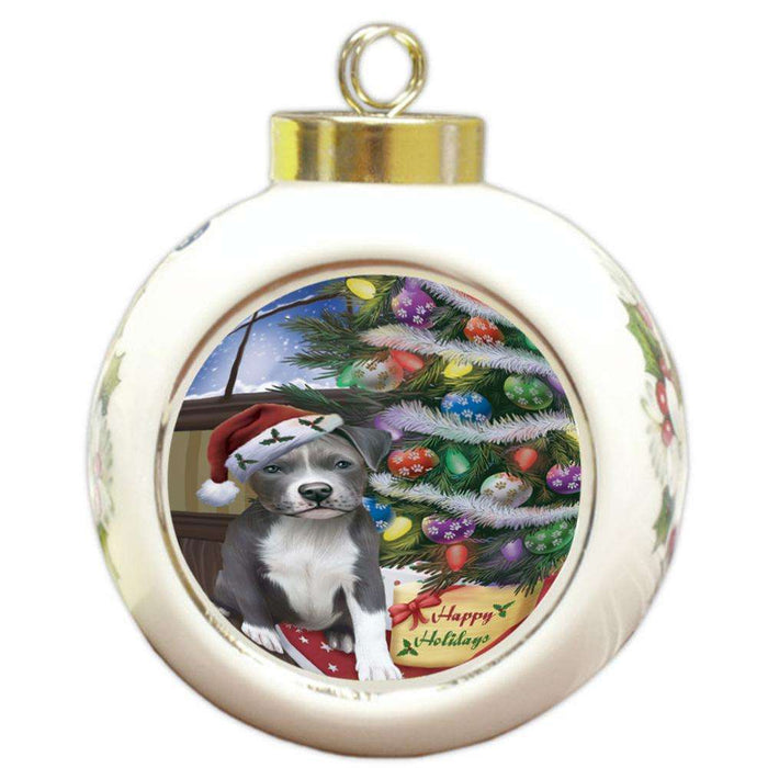 Christmas Happy Holidays Pit Bull Dog with Tree and Presents Round Ball Christmas Ornament RBPOR53844
