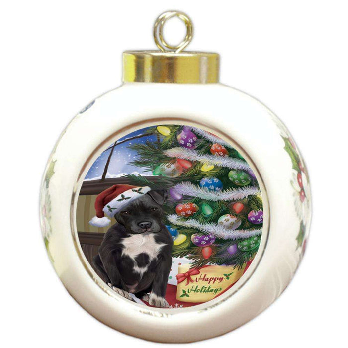 Christmas Happy Holidays Pit Bull Dog with Tree and Presents Round Ball Christmas Ornament RBPOR53845