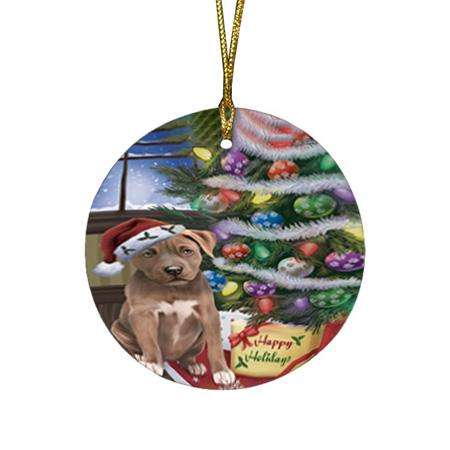 Christmas Happy Holidays Pit Bull Dog with Tree and Presents Round Flat Christmas Ornament RFPOR53834