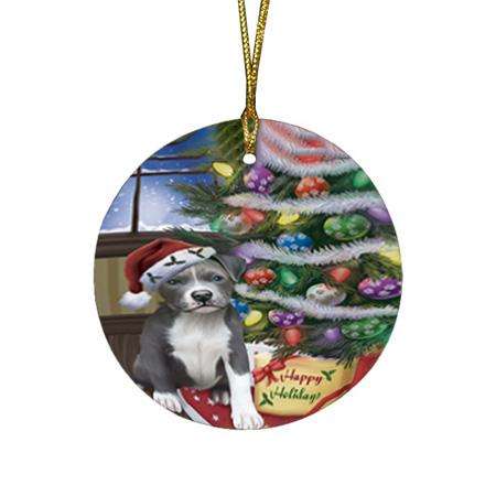 Christmas Happy Holidays Pit Bull Dog with Tree and Presents Round Flat Christmas Ornament RFPOR53835