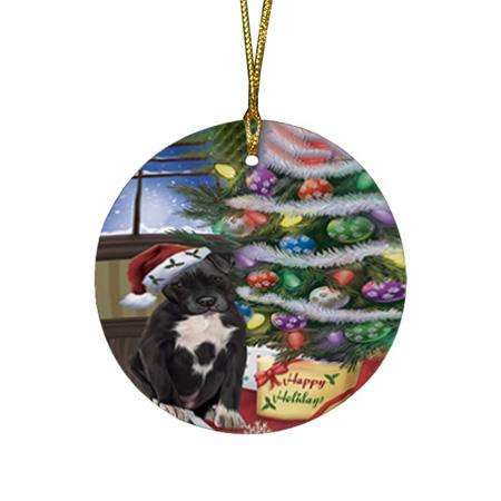 Christmas Happy Holidays Pit Bull Dog with Tree and Presents Round Flat Christmas Ornament RFPOR53836
