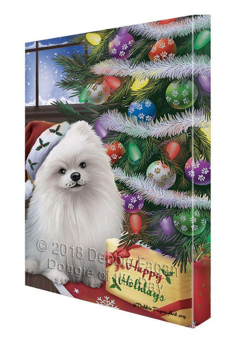 Christmas Happy Holidays Pomeranian Dog with Tree and Presents Canvas Print Wall Art Décor CVS102473
