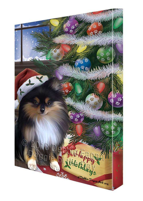 Christmas Happy Holidays Pomeranian Dog with Tree and Presents Canvas Print Wall Art Décor CVS102482