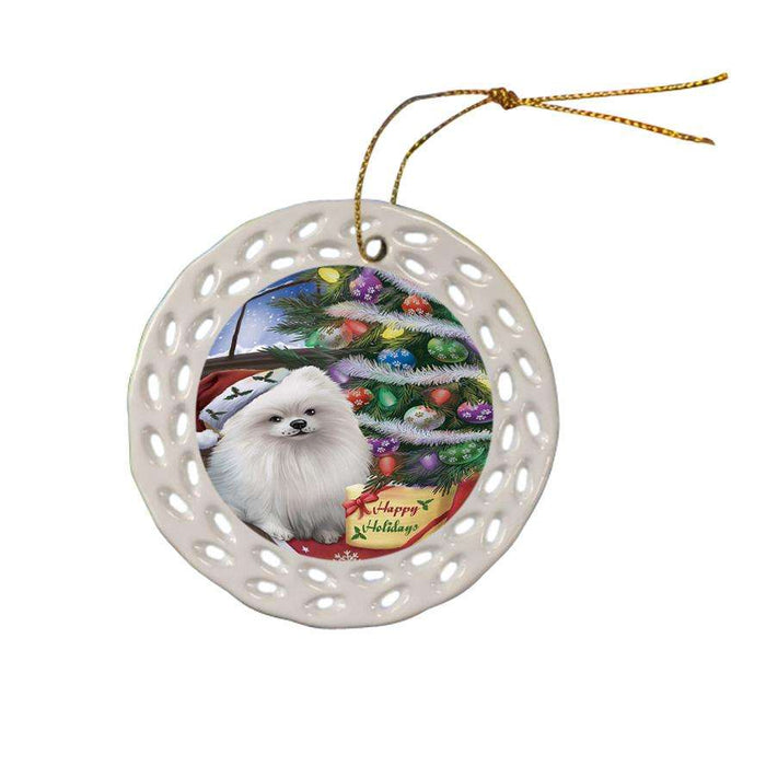 Christmas Happy Holidays Pomeranian Dog with Tree and Presents Ceramic Doily Ornament DPOR53847