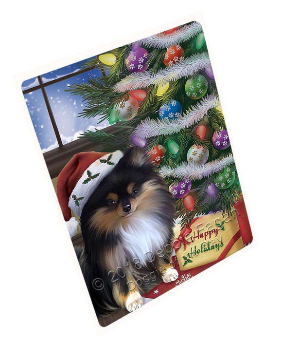 Christmas Happy Holidays Pomeranian Dog with Tree and Presents Cutting Board C65988