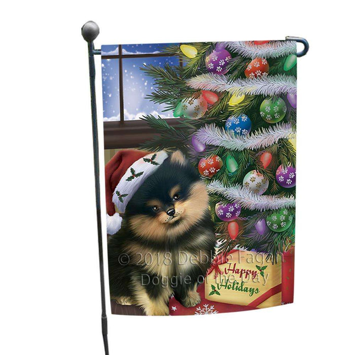 Christmas Happy Holidays Pomeranian Dog with Tree and Presents Garden Flag GFLG53908