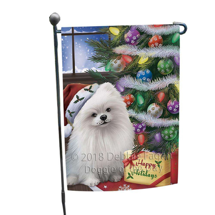 Christmas Happy Holidays Pomeranian Dog with Tree and Presents Garden Flag GFLG53909