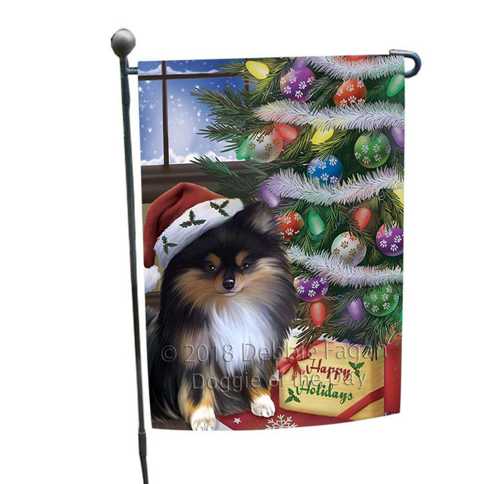 Christmas Happy Holidays Pomeranian Dog with Tree and Presents Garden Flag GFLG53910