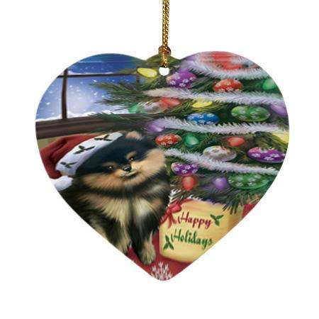Christmas Happy Holidays Pomeranian Dog with Tree and Presents Heart Christmas Ornament HPOR53846