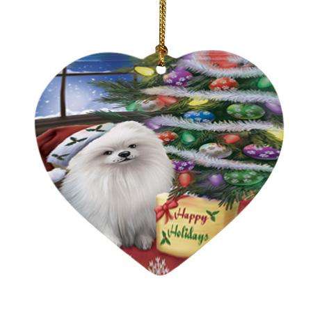 Christmas Happy Holidays Pomeranian Dog with Tree and Presents Heart Christmas Ornament HPOR53847