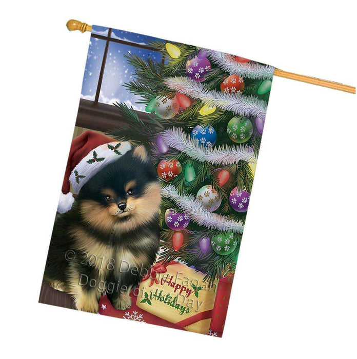 Christmas Happy Holidays Pomeranian Dog with Tree and Presents House Flag FLG54044