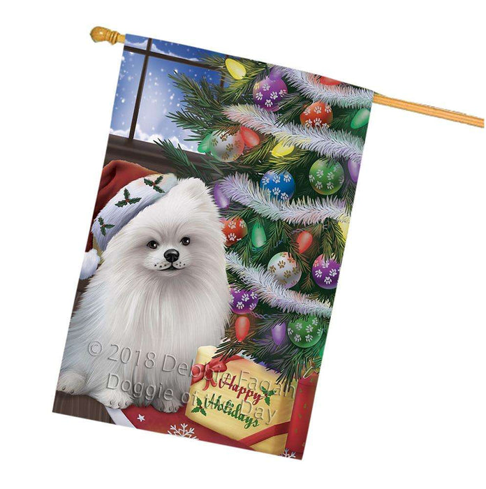 Christmas Happy Holidays Pomeranian Dog with Tree and Presents House Flag FLG54045