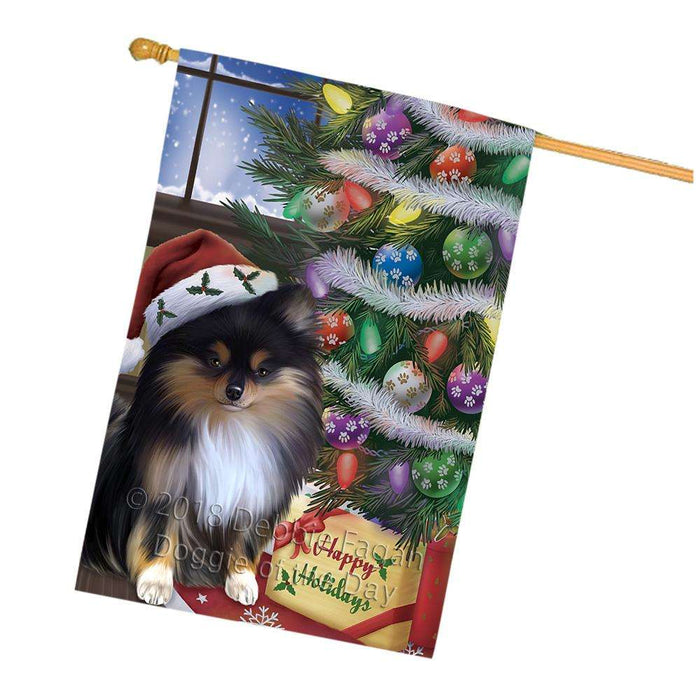 Christmas Happy Holidays Pomeranian Dog with Tree and Presents House Flag FLG54046