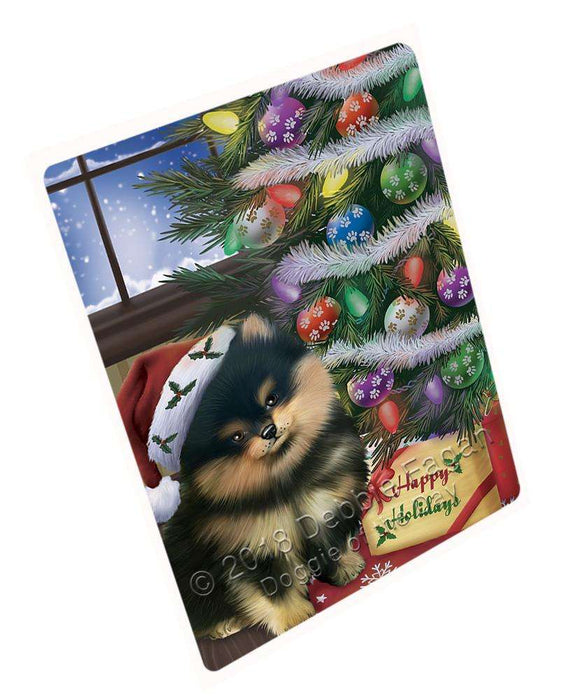 Christmas Happy Holidays Pomeranian Dog with Tree and Presents Large Refrigerator / Dishwasher Magnet RMAG83958