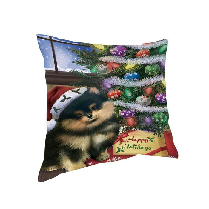 Christmas Happy Holidays Pomeranian Dog with Tree and Presents Pillow PIL72008