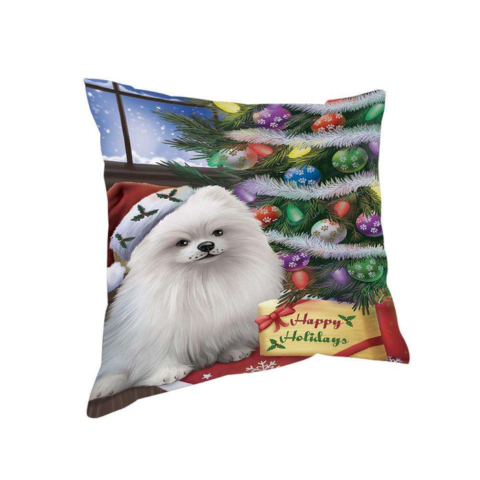 Christmas Happy Holidays Pomeranian Dog with Tree and Presents Pillow PIL72012