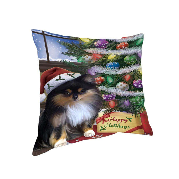 Christmas Happy Holidays Pomeranian Dog with Tree and Presents Pillow PIL72016