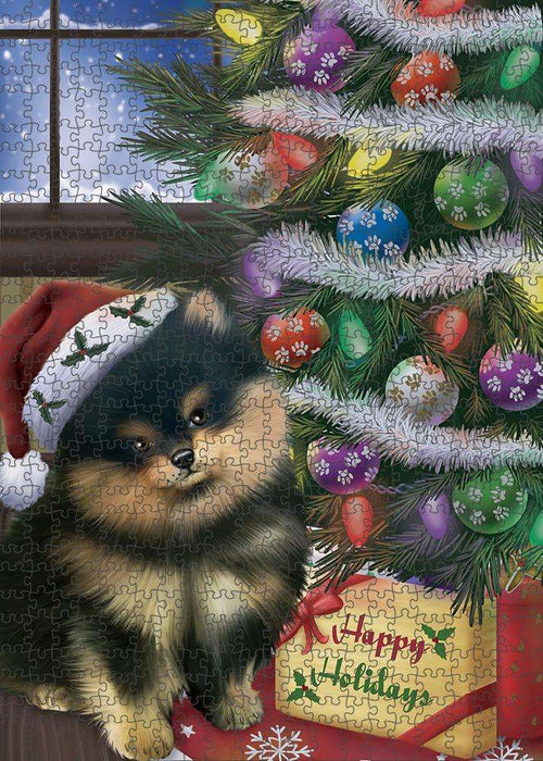 Christmas Happy Holidays Pomeranian Dog with Tree and Presents Puzzle with Photo Tin PUZL82540
