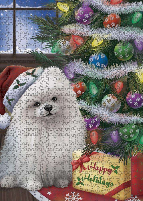 Christmas Happy Holidays Pomeranian Dog with Tree and Presents Puzzle with Photo Tin PUZL82544
