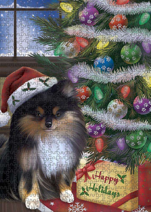 Christmas Happy Holidays Pomeranian Dog with Tree and Presents Puzzle with Photo Tin PUZL82548