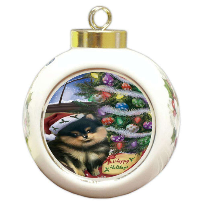 Christmas Happy Holidays Pomeranian Dog with Tree and Presents Round Ball Christmas Ornament RBPOR53846