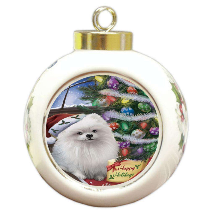 Christmas Happy Holidays Pomeranian Dog with Tree and Presents Round Ball Christmas Ornament RBPOR53847