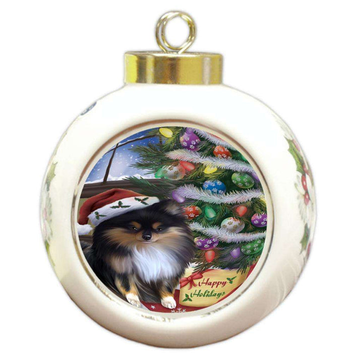 Christmas Happy Holidays Pomeranian Dog with Tree and Presents Round Ball Christmas Ornament RBPOR53848