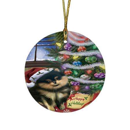 Christmas Happy Holidays Pomeranian Dog with Tree and Presents Round Flat Christmas Ornament RFPOR53837