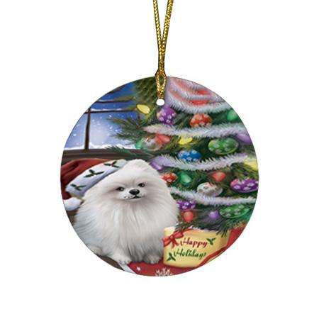 Christmas Happy Holidays Pomeranian Dog with Tree and Presents Round Flat Christmas Ornament RFPOR53838