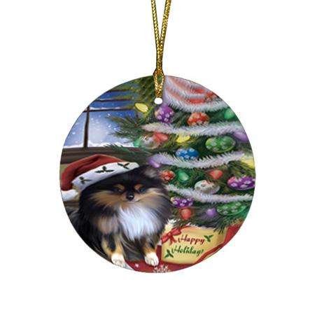 Christmas Happy Holidays Pomeranian Dog with Tree and Presents Round Flat Christmas Ornament RFPOR53839