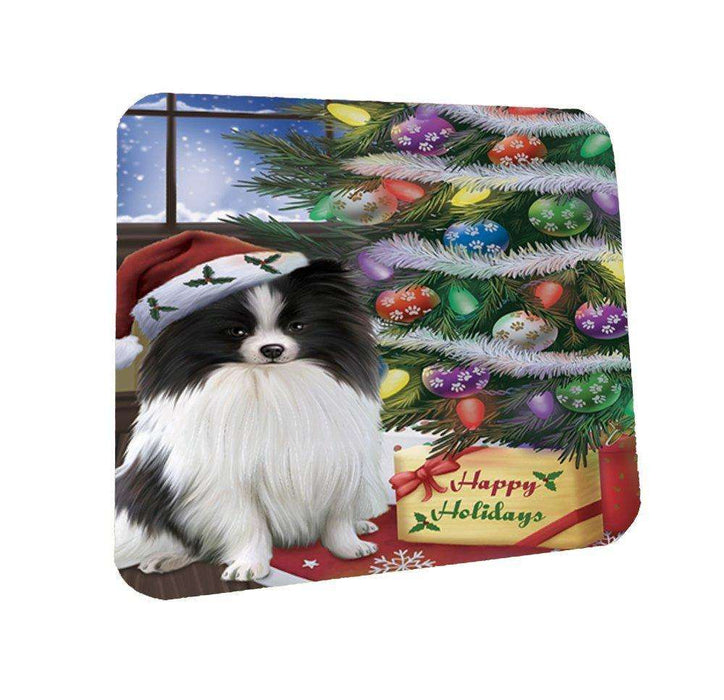 Christmas Happy Holidays Pomeranians Dog with Tree and Presents Coasters Set of 4