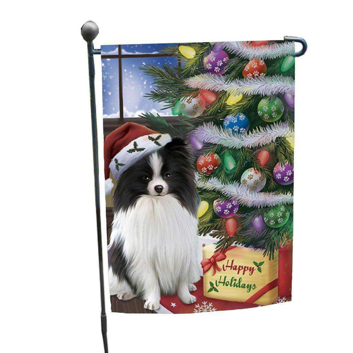Christmas Happy Holidays Pomeranians Dog with Tree and Presents Garden Flag