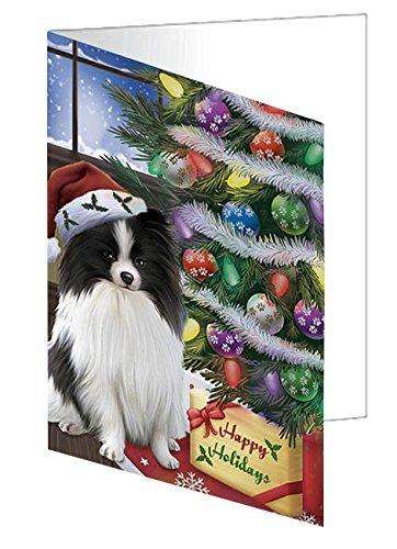 Christmas Happy Holidays Pomeranians Dog with Tree and Presents Handmade Artwork Assorted Pets Greeting Cards and Note Cards with Envelopes for All Occasions and Holiday Seasons